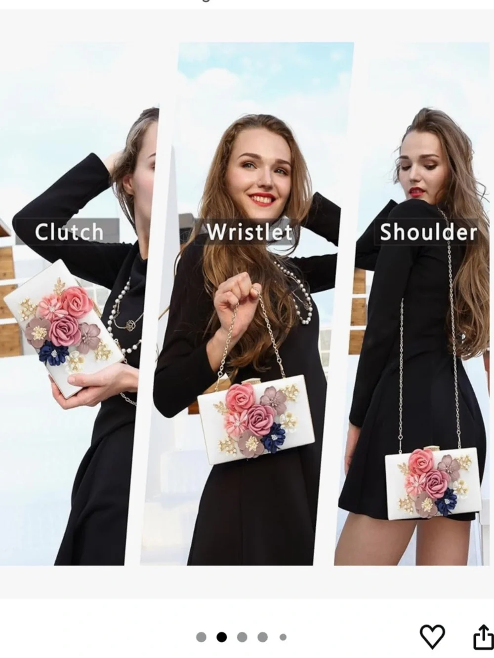 Floral Appliqué Evening Clutch - White with Pink, Mauve & Navy Flowers